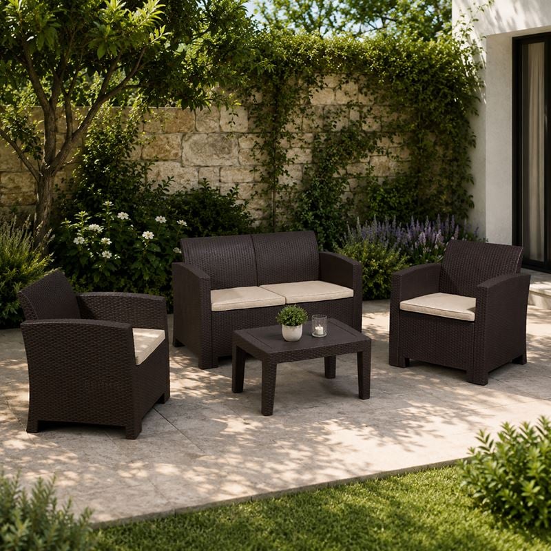 SAVANNA Set Σαλόνι Κήπου Βεράντας  K/D,  PP-UV Καφέ Μαξιλάρια Grey-White Table+Sofa 2Seater+2 Armchairs