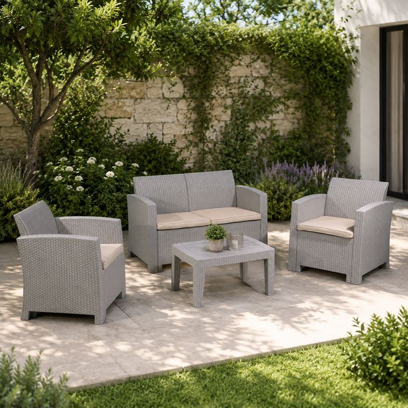 SAVANNA Set Σαλόνι Κήπου Βεράντας K/D, PP-UV Sand Grey Μαξιλάρια Μπεζ Table+Sofa 2Seater+2 Armchairs