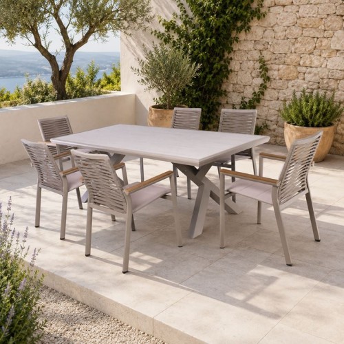 SIERRA Set Τραπεζαρία: Τραπέζι +6 Πολυθρόνες, Αλουμίνιο Μπεζ, Επιφάνεια PSP Απόχρωση Greige Table:210x97x74 Chair:56x65x87