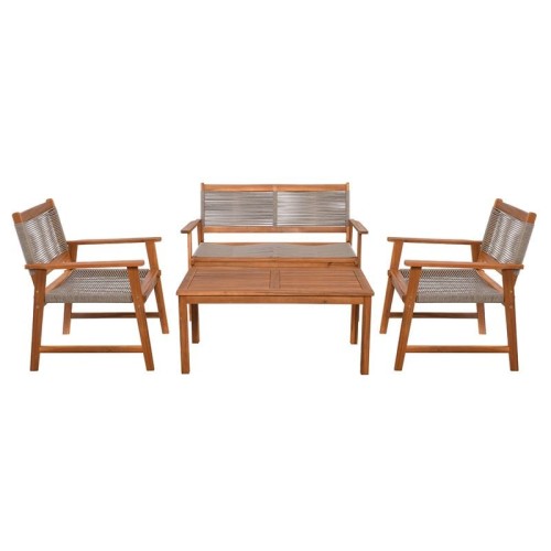 SPRING Set Σαλόνι Κήπου Ακακία Φυσικό, Wicker Μπεζ: Τραπέζι + Καναπέ 2Θέσιο + 2 Πολυθρόνες 100x50x45/120x68x84/67x65x84cm