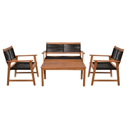 SPRING Set Σαλόνι Κήπου Ακακία Φυσικό, Wicker Μαύρο: Τραπέζι + Καναπέ 2Θέσιο + 2 Πολυθρόνες 100x50x45/120x68x84/67x65x84cm