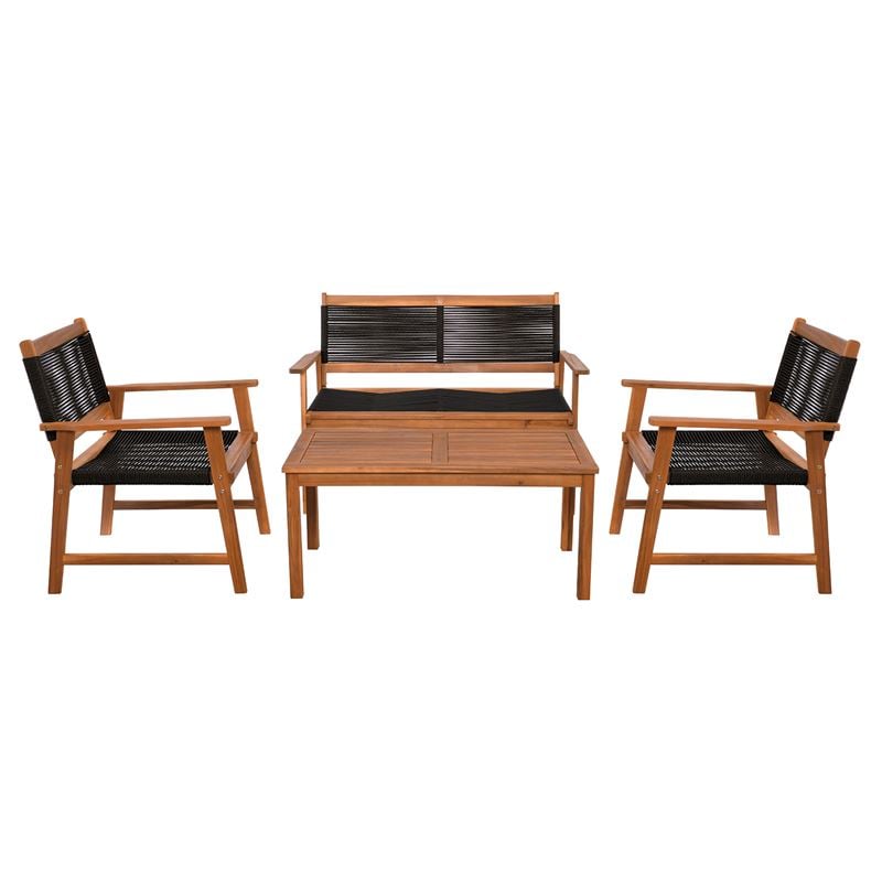 SPRING Set Σαλόνι Κήπου Ακακία Φυσικό, Wicker Μαύρο: Τραπέζι + Καναπέ 2Θέσιο + 2 Πολυθρόνες 100x50x45/120x68x84/67x65x84cm