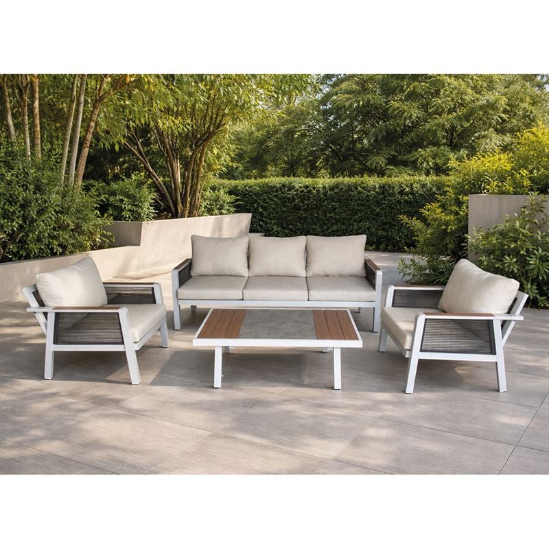 TORO Set Σαλόνι Κήπου 4τεμ, Alu Άσπρο, Rope Wicker Ανθρακί , Polywood Φυσικό, Μαξ.Εκρού 203x84x75-75x84x75-120x65x40cm