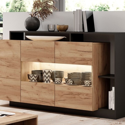 Μπουφές Alva με βιτρίνα Ανθρακί+ φυσικό golden craft 155x93.5x44cm