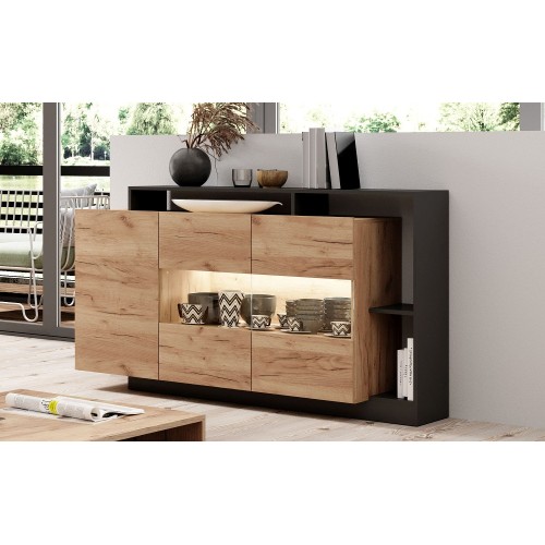 Μπουφές Alva με βιτρίνα Ανθρακί+ φυσικό golden craft 155x93.5x44cm